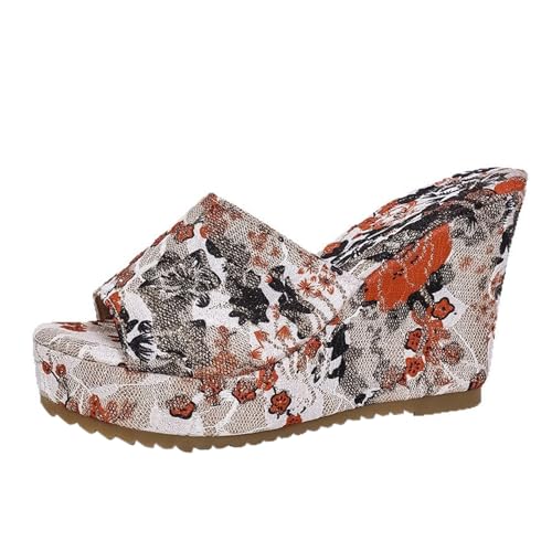 Plateau Pantoletten Damen Keilabsatz Sandalen Bohemia Blumen Keilpantoffeln Sommer Schlappen Frauen Slipper Chunky Plattform Hausschuhe Fischmaul Peep Toe Damenpantolette Sommerschuhe Schlupfsandalen von Generisch