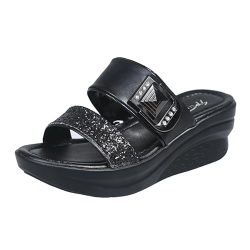 Plateau Slippers Damen Sommer Orthopädische Sandalen Leicht Freizeit Strandschuhe mit Strass Mode Leder Sandaletten Glitzer Hausschuhe Elegant Bequem Keilsandalen Offene Zehen Sandals von Generisch