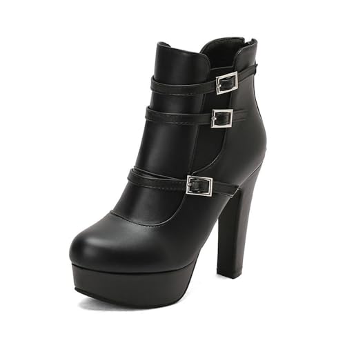 Plateau-Stiefeletten für Damen, dreifache Schnalle, hoher Blockabsatz, runder Zehenbereich, Gothic-Schuhe mit Reißverschluss hinten, Schwarz , 38 EU Plateau-Stiefeletten für Damen, dreifache Schnalle, hoher Blockabsatz, runder Zehenbereich, Gothic-Schuhe mit Reißverschluss hinten, Schwarz , 38 EU von Generisch