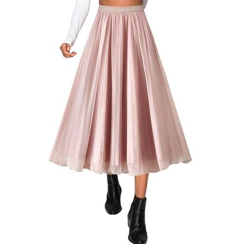 Plisseerock Damen Rock Damen Sommer Faltenrock Lang Elegant Elastisch Chiffon Rock Midi Röck A-Linie Hohe Taille Flared Arbeit Casual Knielang Rock One Size B Rosa von Generisch