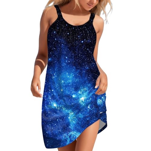 Plus Size Galaxie Drucken Maxikleid Damen Sternenhimmel Digitaldruck A-Linien Sommerk Ärmelloses Langes Kleid mit V-Ausschnitt Maxikleid Kleid Swingrock Schaukelrock Galaxy Kostüm Damen Space Kostüm von Generisch