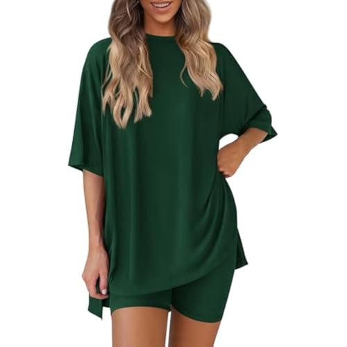 Pohra Bamboo Soft Lounge Set, Bloom and Breeze Cozy Mama Set ，Women 2 Piece Outfits Crew Neck Oversized Tshirts (Dark Green,L) von Generisch