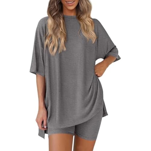 Pohra Bamboo Soft Lounge Set, Bloom and Breeze Cozy Mama Set ，Women 2 Piece Outfits Crew Neck Oversized Tshirts (Gray,S) von Generisch