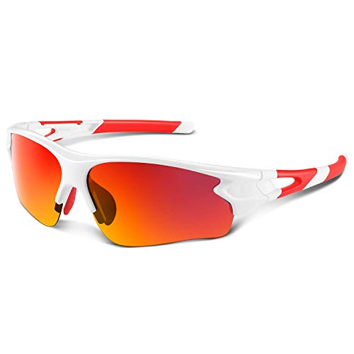 Polarisierte Sport-Sonnenbrille – UV-Schutz 400 für Männer, Frauen und Jugendliche – ideal für Baseball, Radfahren, Angeln, Laufen und Golf – TAC-Gläser, weiß / rot von Generisch