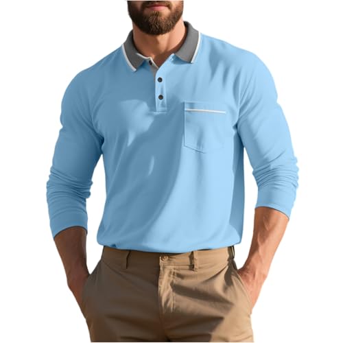 Poloshirt Herren Langarm Klassisches Baumwolle Polo Langarmshirt mit Tasche Leichtes Slim Fit Poloshirts für Herren Regular fit Outdoor Sport Golf T-Shirts Herbst Freizeit Pullover Light Blue XL von Generisch