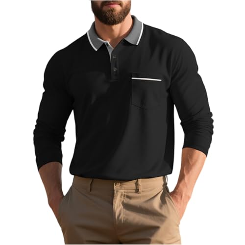 Poloshirt Herren Langarm Klassisches Baumwolle Polo Langarmshirt mit Tasche Leichtes Slim Fit Poloshirts für Herren Regular fit Outdoor Sport Golf T-Shirts Herbst Winter Freizeit Pullover Black XXL von Generisch