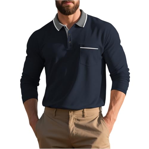 Poloshirt Herren Langarm Klassisches Baumwolle Polo Langarmshirt mit Tasche Leichtes Slim Fit Poloshirts für Herren Regular fit Outdoor Sport Golf T-Shirts Herbst Winter Freizeit Pullover Navy XXL von Generisch