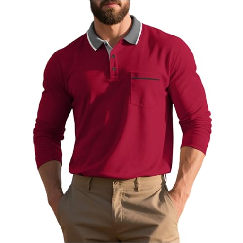 Poloshirt Herren Langarm Klassisches Baumwolle Polo Langarmshirt mit Tasche Leichtes Slim Fit Poloshirts für Herren Regular fit Outdoor Sport Golf T-Shirts Herbst Winter Freizeit Pullover Wine XXL von Generisch