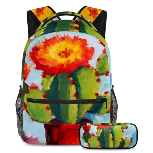 Praktisch und vielseitig, Rucksack mit Federmäppchen, ein Muss für Jungen, Mädchen, Teenager und Studenten, rote Kaktusblumen, mehrfarbig, B：29.4x20x40cm P：19x7.5x3.8cm, Tagesrucksäcke von Generisch