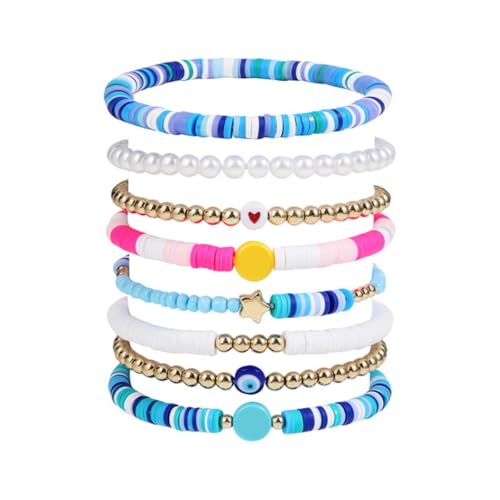 Preppy Armbänder Set Buntes Herz Stern Polymer Perlen Perlen Ton Stapelbarer Charm Kidcore Strand Layering Armbänder Schmuck Armband Wecker Vibrationsalarm (Blue, One Size) von Generisch