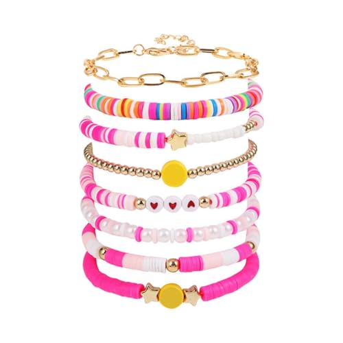 Preppy Armbänder Set Buntes Herz Stern Polymer Perlen Perlen Ton Stapelbarer Charm Kidcore Strand Layering Armbänder Schmuck Armband Wecker Vibrationsalarm (Pink, One Size) von Generisch