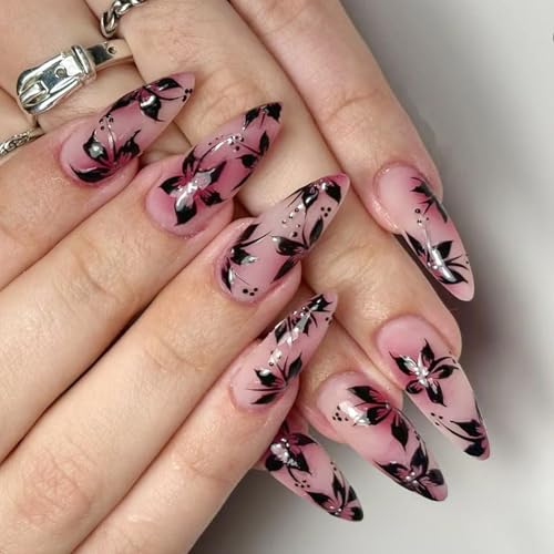 Press on Nails Künstliche Nägel, glänzend, französisches Blumendesign, lang, Stiletto-Stil, wiederverwendbar, 24 Stück, für Frauen, Bräute, Partys, Salon-Qualität von Generisch