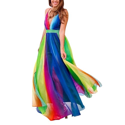 Pride Clothing Women LGBT-Q Gay Pride Month Boho Maxi Rainbow Dress V Neck Sundress with Pockets Summer Dresses for Women UK Pride Skirt Pride Decorations 2023 Gay Pride Wedding Guest Dresses von Generisch