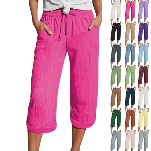 Prime Angebote, Hose Sommer Damen Leicht, Musselin Hose 3/4 Leinenhose Sommer Kurze Hosen Sommerhose Leicht Caprihose Culotte Dreiviertel Strandhose von Generisch