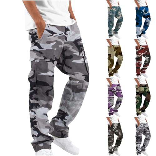 Prime to Day 2024 Wann Cargohose Herren Baggy Camouflage Hose Elastischer Bund Arbeitshose Leichte Männer Jogginghose Gerade Beinform Sporthose Freizeit Wanderhose mit Taschen Outdoorhose von Generisch