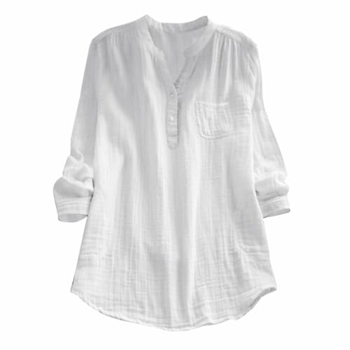 Primeday Musselin Bluse Damen Baumwolle Leinen Shirt V Ausschnitt Longbluse Oversize Langarm Leinenbluse Sommer Oberteile Tunika Leinenshirt Leicht Und Luftig von Generisch
