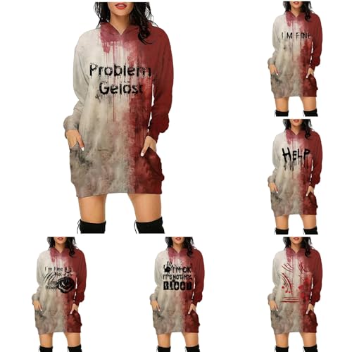 Problem Gelöst Halloween Hoodie Damen Kapuzenpullover mit Blutig Bedruckt Blood Langarm Hoodie Kleid mit Kapuze Kapuzenpulli Horror Kostüm Butiger Pullover mit Taschen Blutspritzer Muster Oberteil von Generisch