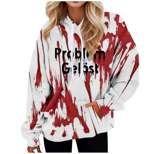 Problem Gelöst Halloween Hoodie Damen Kapuzenpullover mit Blutig Bedruckt Blood Langarm Sweatshirt mit Kapuze Kapuzenpulli Blut Verletzung Horror Pullover mit Taschen Blutspritzer Muster Oberteil von Generisch