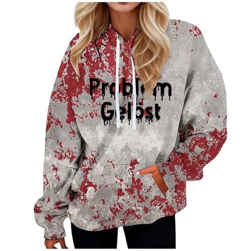 Problem Gelöst Halloween Hoodie Damen Kapuzenpullover mit Blutig Bedruckt Blood Langarm Sweatshirt mit Kapuze Kapuzenpulli Blut Verletzung Horror Pullover mit Taschen Blutspritzer Muster Oberteil von Generisch