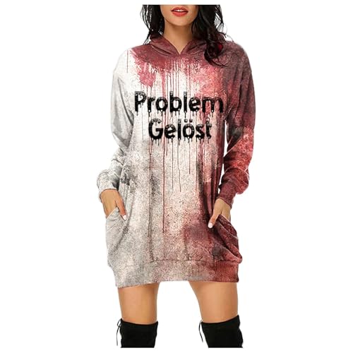 Problem Gelöst Halloween Hoodie Damen Kapuzenpullover mit Blutig Bedruckt Blood Langarm Tshirt Kleid Kapuze Kapuzenpulli Blut Verletzung Horror Pullover Problem Gelöst Halloween Shirt Langarmshirt von Generisch