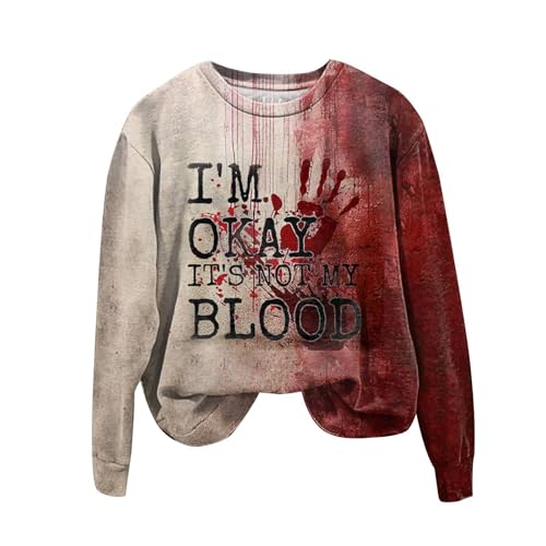 Problem Gelöst Halloween Kostüme Damen, Pullover Damen Gothic Blutiges Druck Sweatshirt Halloween Kostüm Damen Gruseliges Oberteil Lockeres Langarmshirt Rundhals Pulli Tops Ohne Kapuze Party Festlich von Generisch