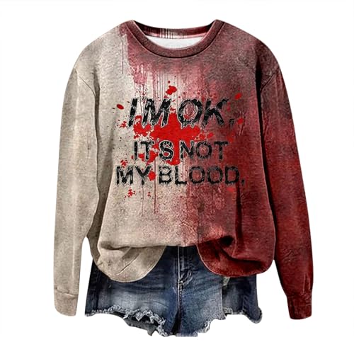 Problem Gelöst Halloween Kostüme Damen I'M Ok It's Not My Blood Print Langarmshirt Rundhals Bluse Pullover mit Blutigem Muster Wunde Soft Locker Pulli Winter Oberteile Halloween Kostüme (02 Orange, L) von Generisch