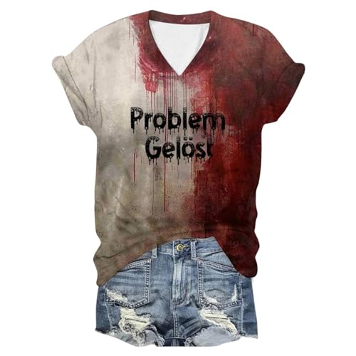 Problem Gelöst Print Halloween Tshirt Damen I'm Fine Blood Kurzarm V-Ausschnitt T Shirt mit Blutigem Bedrucktes Blut Verletzung Halloween-Kostüm Horror Leicht Tops Oberteil von Generisch