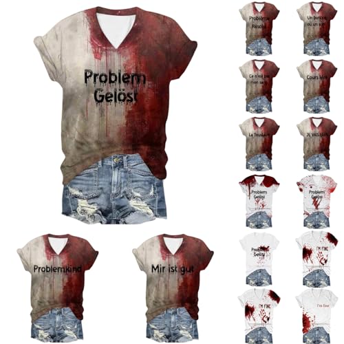 Problem Gelöst Print Halloween Tshirt Damen I'm Fine Blood Kurzarm V-Ausschnitt T Shirt mit Blutigem Bedrucktes Shirts Blut Verletzung Halloween-Kostüm Horror Leicht T-Shirt Tops Oberteil Problem Gelöst Print Halloween Tshirt Damen I'm Fine Blood Kurzarm V-Ausschnitt T Shirt mit Blutigem Bedrucktes Shirts Blut Verletzung Halloween-Kostüm Horror Leicht T-Shirt Tops Oberteil von Generisch