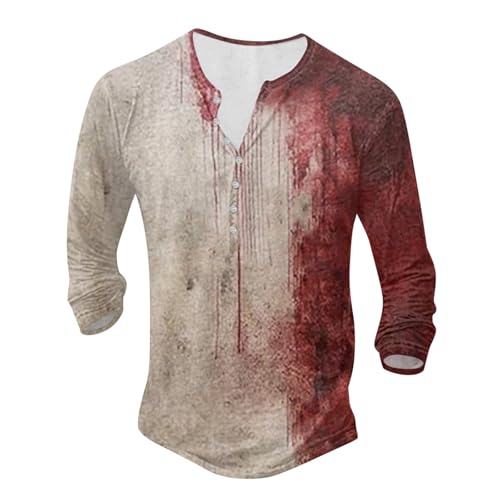 Problem Gelöst T-Shirt Halloween Herren Langarm V-Ausschnitt Oberteile Blutspritzer Muster Knopfleiste Hemd Entsetzen Blutig Bedruckt Casual Tops Übergröße von Generisch
