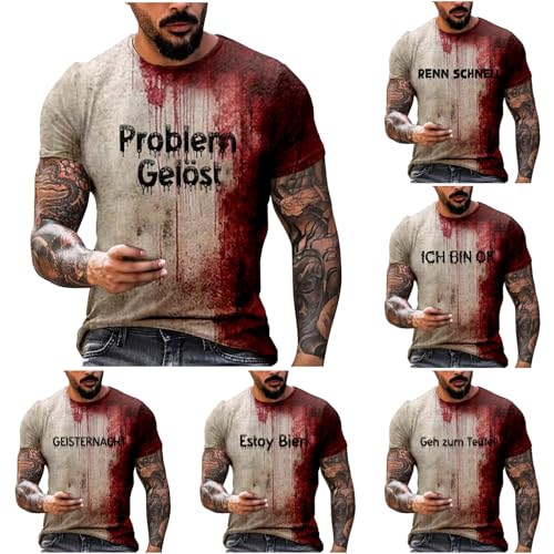 Problem Gelöst Tshirt Halloween T Shirt Herren Männer Casual Freizeit Lässig Rundhalsausschnitt Blutspritzer Muster Oberteile T-Shirt Entsetzen Blutig Bedruckt Kurzarm Top Oversized Übergröße Tshirts von Generisch
