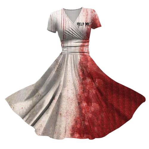 Problem Solved Halloween Kostüm Damen mit Blutigem Muster Mittelalter Kleid I´m Fine Print Halloween Kleid Damen Horror Kostüm Kurzarm V-Ausschnitt Abendkleid Cosplay Sexy Midikleid Halloween Karneval von Generisch