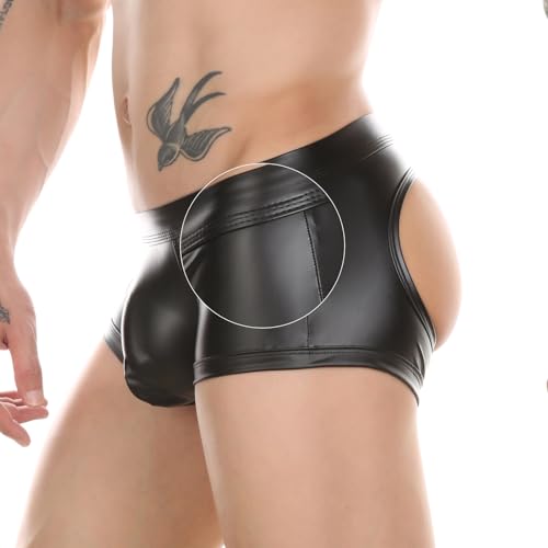 Pu Leder Boxershorts Erotische Shorts Wetlook Männer Ouvert Retroshorts Große Größen Hollow Out Unterwäsche mit Bulge Pouch Sissy Gay von Generisch