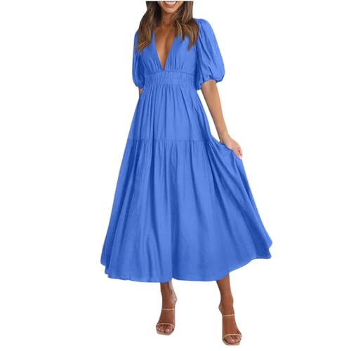 Puffärmel V-Ausschnitt Hohe Taille A-Linie Rock Damen Sommer Casual Midi Lange Baumwolle Kleid Flowy Casual Strand Langes Kleid, blau, M von Generisch