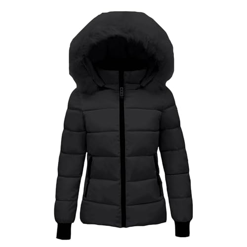 Puffer Jacke Damen Winter mit Kapuze Daunenjacke Wintermantel Parka Kurz Warm Steppmantel Jacke mit Pelzkapuze Slim Fit Reißverschluss Steppjacke Übergangsjacke Leichte Softshelljacke Pufferjacke von Generisch