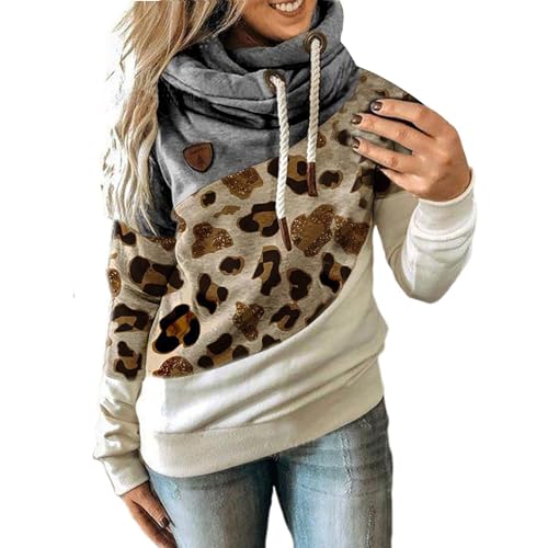 Pulli Damen Herbst Sweatshirt Jacke Lang Damen Mit Kapuze Oversize Kapuzenpullover Colorblock Freizeitjacke Leopard-Print College Jacke Modischer Winterjacke Kordelzug Outdoorjacke Bequeme Pullover von Generisch
