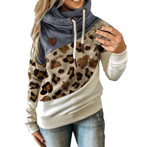 Pulli Damen Herbst Sweatshirt Jacke Lang Damen Mit Kapuze Oversize Kapuzenpullover Colorblock Freizeitjacke Leopard-Print College Jacke Modischer Winterjacke Kordelzug Outdoorjacke Bequeme Pullover von Generisch