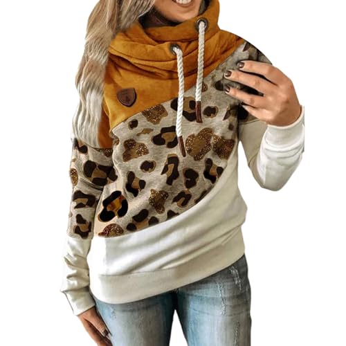 Pulli Damen Herbst Sweatshirt Jacke Lang Damen Mit Kapuze Oversize Kapuzenpullover Colorblock Freizeitjacke Leopard-Print College Jacke Modischer Winterjacke Kordelzug Outdoorjacke Bequeme Pullover von Generisch