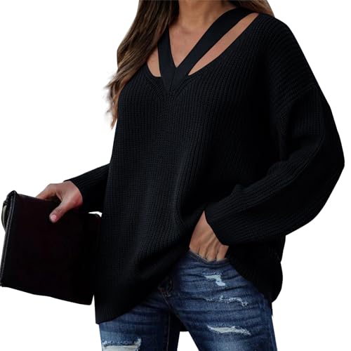 Pulli Damen Winter Pullover Damen Elegant V Ausschnitt Cut Out Strickpullover Grobmaschig Winterpullover Warm Winterpulli Strick Damenpullover Langarm Strickpulli Frauen Winter Pulli Damen Winter Pullover Damen Elegant V Ausschnitt Cut Out Strickpullover Grobmaschig Winterpullover Warm Winterpulli Strick Damenpullover Langarm Strickpulli Frauen Winter von Generisch