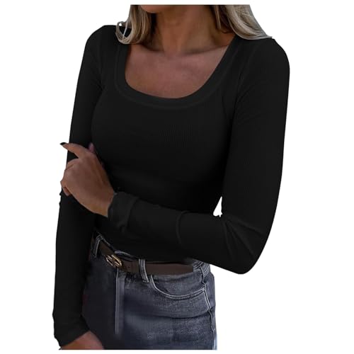 Pullover Damen, Langarmshirt Damen Baumwolle Elegant Gerippt Longsleeve Langarm Rundhal Basic Shirt Skims Slim Fit Sweatshirt Stretch Casual Pullover Oberteil von Generisch