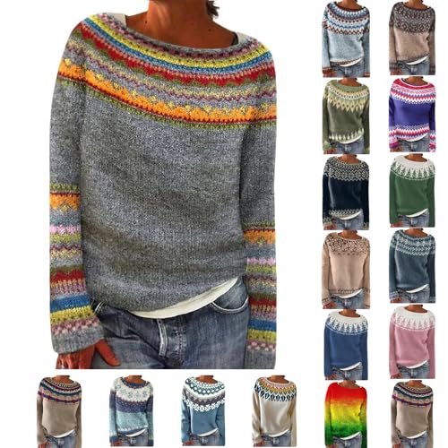 Pullover Damen, Langarmshirt Damen Winter, Norweger Pullover, Oversize Sweatshirts, Rundhals Winterpullover, Warmer Strickpullover, Langarm Damenpullover, Gestreiftes Sweate von Generisch