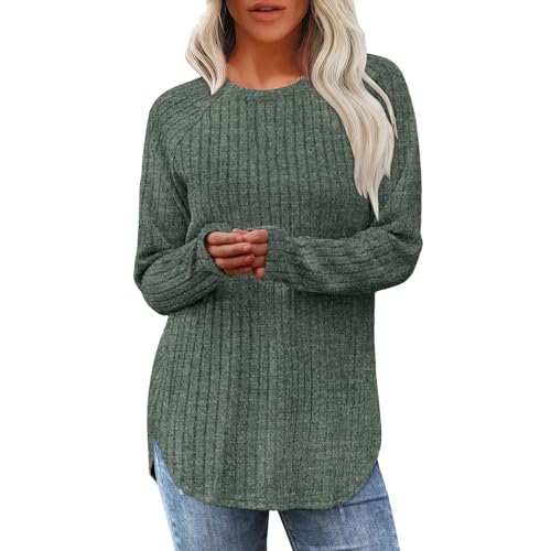 Pullover Damen Elegant Frühling, Strickpullover Frauen Rundhals Ausschnitt Baumwolle Pulli Lang Sweatshirt, Freizeit Einfarbig Gerippt Blusen Baggy Bequeme Langarmshirt Atmungsaktiv Shirt von Generisch