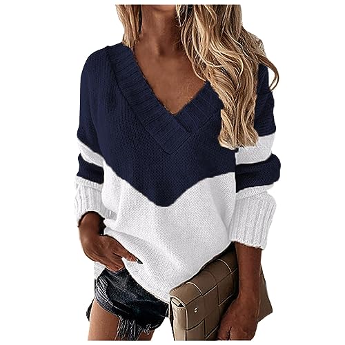 Pullover Damen Festliches Oberteil Winter Basic Strickpullover V Ausschnitt Oversize Bluse Elegant Sexy Sweatshirt Ohne Kapuzecrop Pullover Damen 3D Hoodie Oversize Seidenbluse (Marine, XXL) Generisch von Generisch