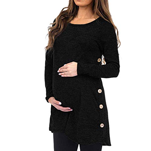 Pullover Damen Große Größen Damen Umstandsmode Schwangerschaft Langarm Solid Tops Bluse Knopf Winter Oberteile (Black, M) von Generisch