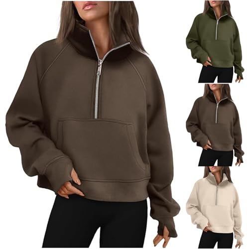 Pullover Damen Half Zip Sweatjacke mit Fleece Gefüttert Herbst Reissverschluss Stehkragen Oversized Sweatshirt ohne Kapuze Reißverschluss Zip Hoodie Rollkragenpullover Oberteile von Generisch
