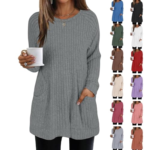 Pullover Damen Herbst Pulloverkleid Lässige Strickjacke Strickkleid Sweatkleid Elegant Langarm Locker Geschnittener Leichter Pullover aus Rippstrick Langarmshirt von Generisch