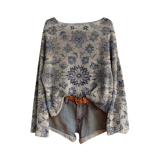 Pullover Damen Herbst Street one,Boho Vintage Rundhals Strickpullover Damen Herbst Winter Casual Langarmshirt Floral Print Bequem Oberteil Bluse Trendiger Übergröße Strickwaren Pullover für Frauen von Generisch