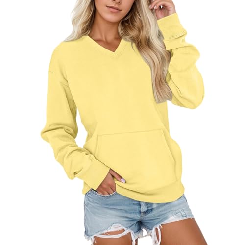 Pullover Damen Oversize Trend Elegant Langarmshirt Ohne Kapuze Basic V-Ausschnitt Sweatshirt Langarm Winter Pulli Mit Seitentaschen Sport Streetwear Tops Freizeit Oberteil Light Gelb L von Generisch