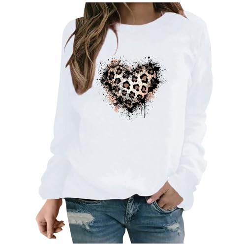 Pullover Damen Sweatshirt mit Leoparden Herz Print Oversize Schlichtes Langarmshirt Oberteile Valentinstag Sweatjacke Pulli Herbst Frühling Winter Modisch Sportbekleidung Tops Basic Shirt von Generisch