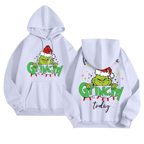 Der Grinch Pullover XXXL Weihnachtspullover Damen Lustig Übergroße Langarm Kapuzenpullover Mit Taschen Mode Weihnachten Grafik Backprint Sweatshirts Kuschelpullover von Generisch