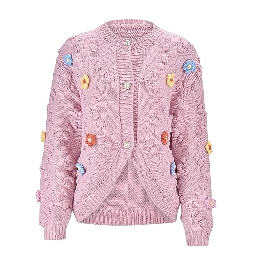 Pullover Für Damen Handgehäkelter Damen-Cardigan-Pullover mit Drei-Blumen-Stickerei-Cardigan Pullover Damen Dünn (Red, One Size) von Generisch
